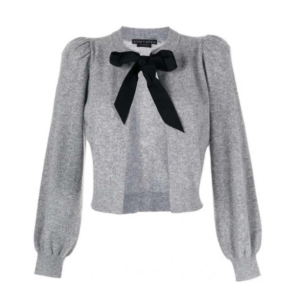 Alice + Olivia Kitty Puff Sleeve Cashmere bow tie Cardigan Sweater Top XS